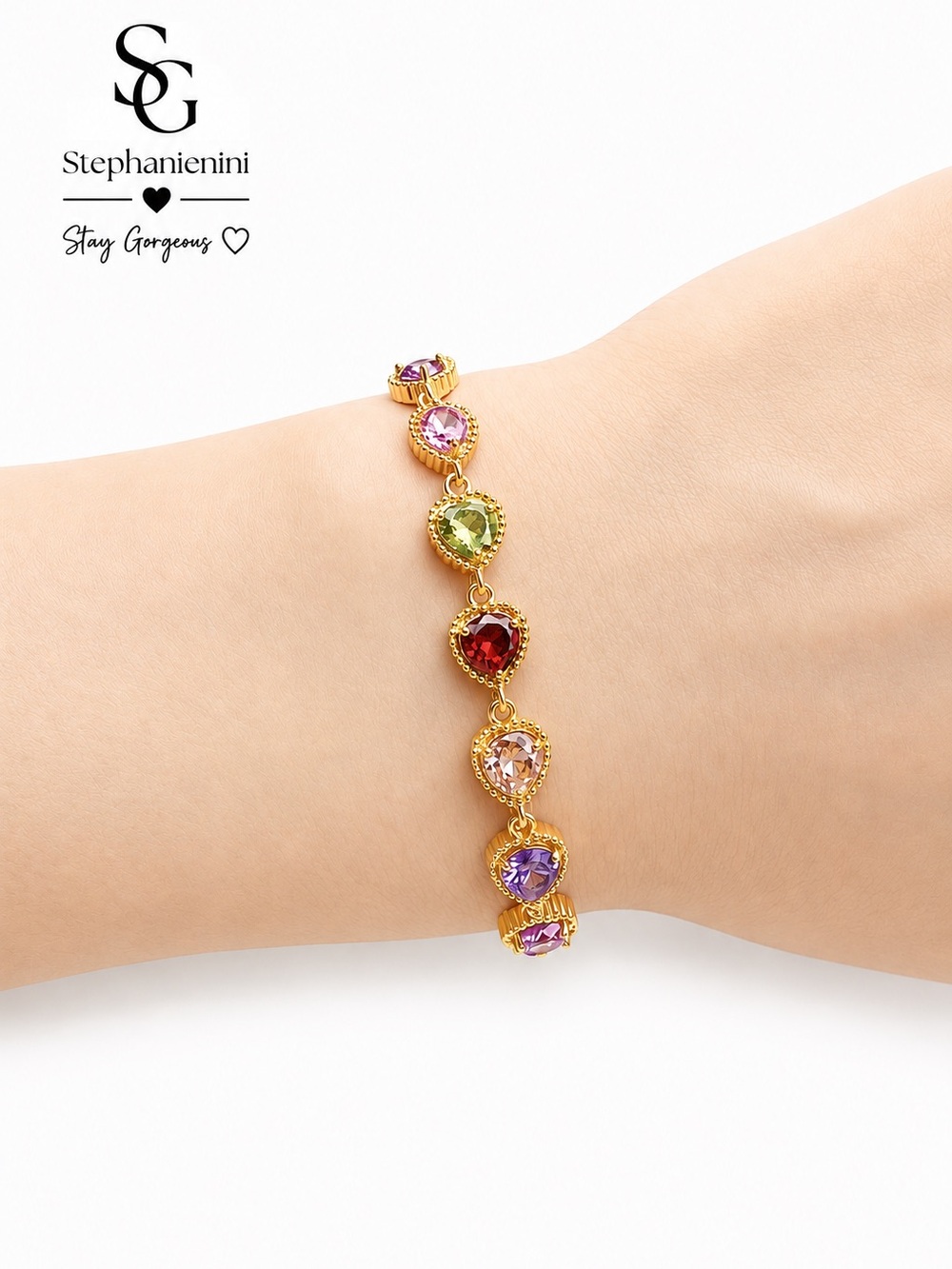 Gold Multi-Gem Heart Bracelet - Pink, Green, Red, Purple